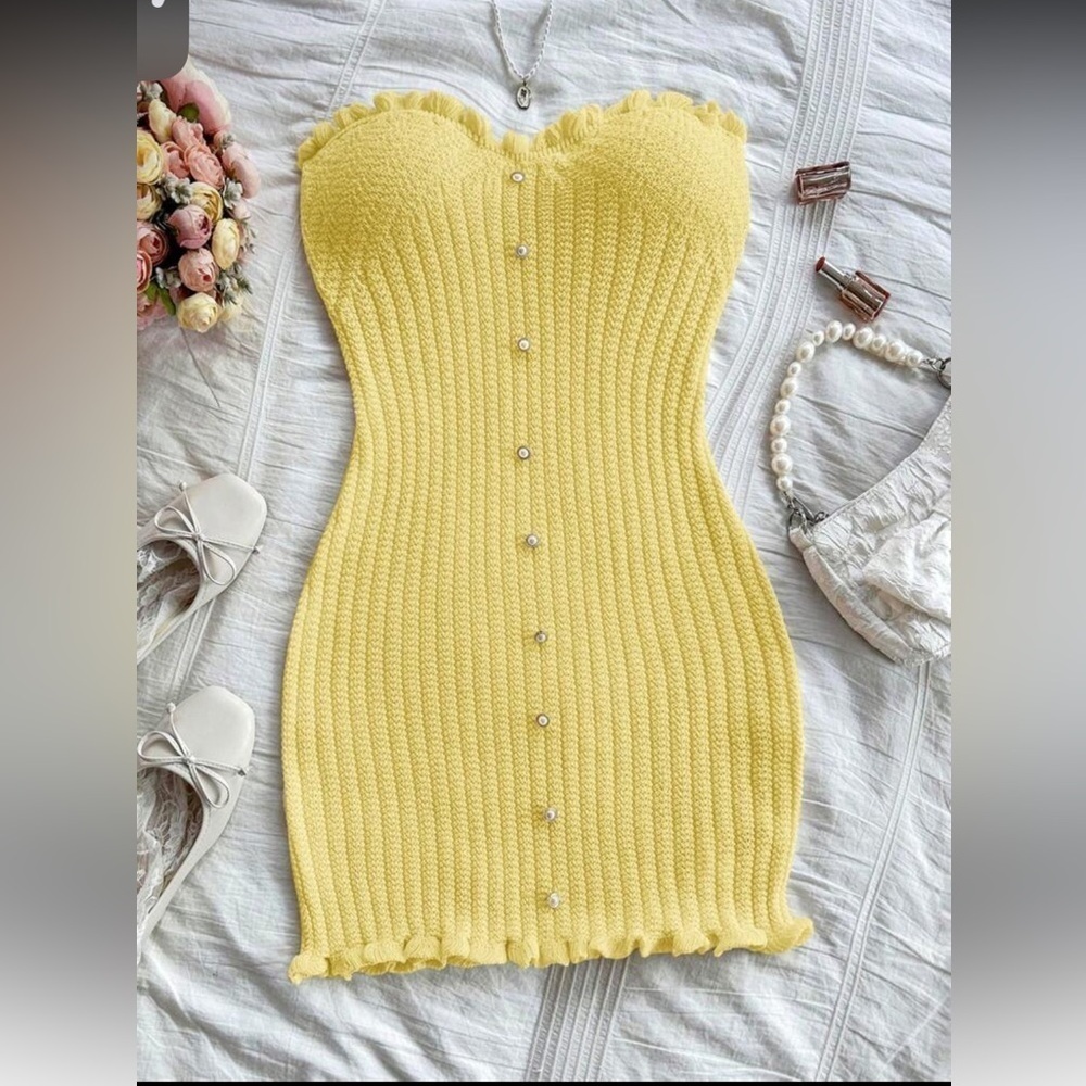 Yellow Ribbed Bustier Bodycon Dress/Swimsuit Coverup